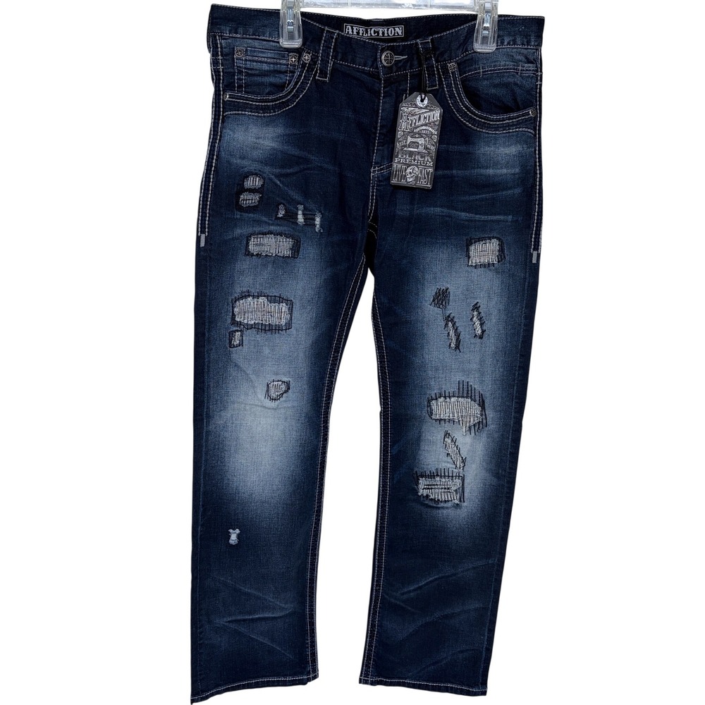 New Mens Affliction‎ Blake Blue Jeans Size 34 Distressed Style Grunge Straight